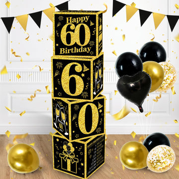 Toniful 4 Pcs 60Th Birthday Decorations Boxes For Men Women,Sixty Years Old Birthday Cardboard Box Party Supplies,Black And Gold