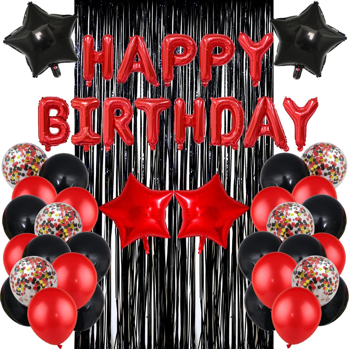 Red Black Birthday Party Decoration Kit - Happy Birthday Banner,Fringed Curtain,Latex Balloon And Confetti Balloons For Girls An