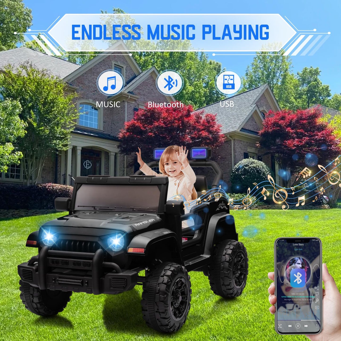 Bopilon Kids Electric Ride On Car for Toddlers, 12V Battery Powered Kids Electric Vehicle with Parent Remote Control, USB, Music