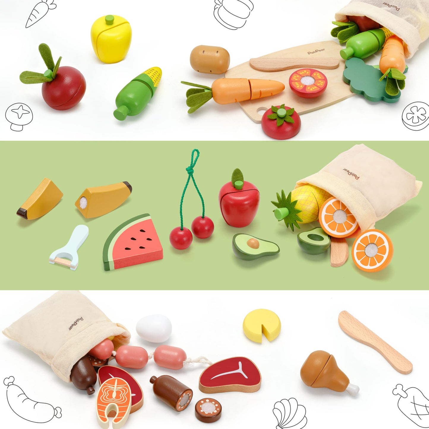 Pairpear Wooden Toys Play Food Sets For Kids Kitchen, Kids Toy Food Cutting Fruit Set For Toddlers 3+ Years Old, Pretend Food Pl