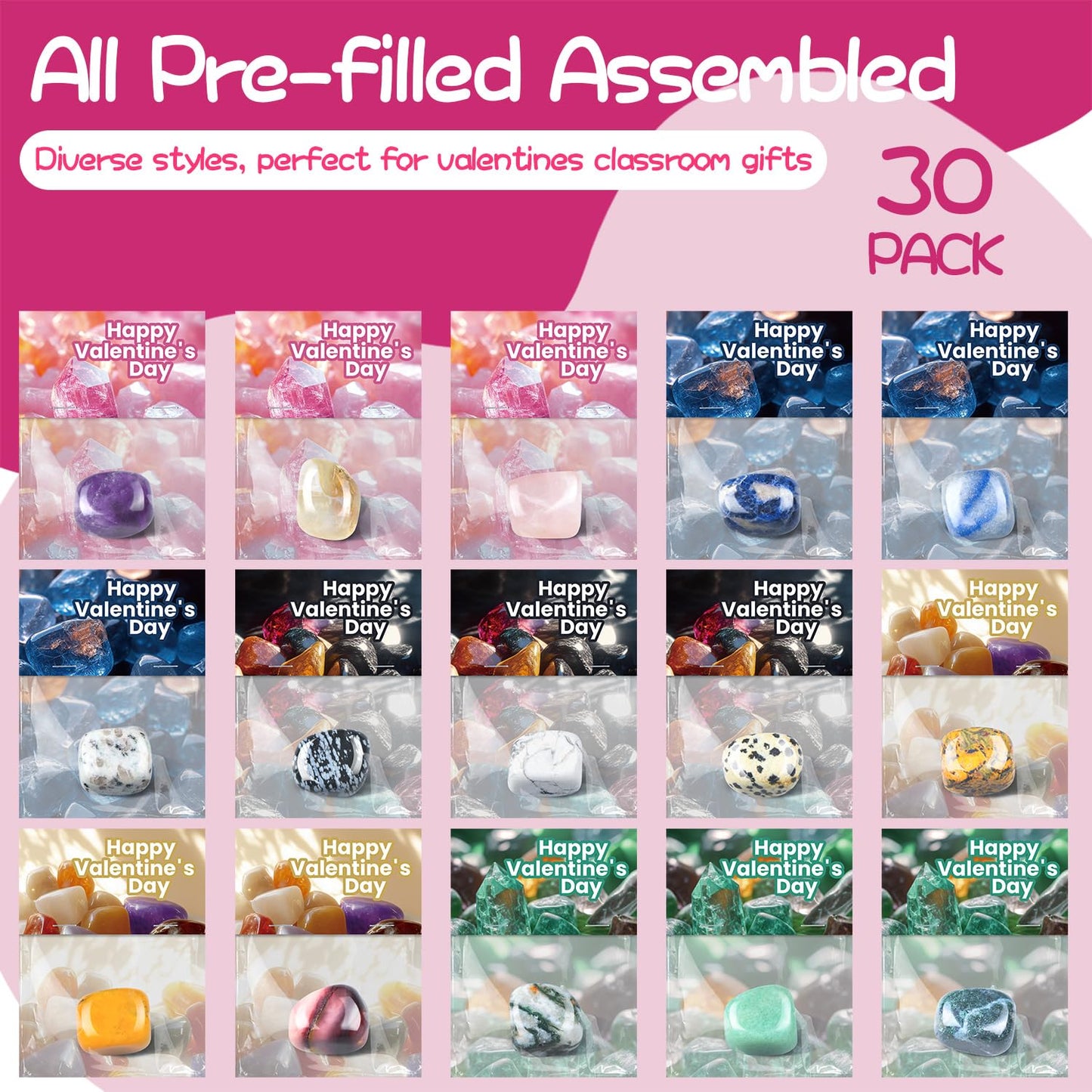30 Pack Prefilled Valentines Cards & Crystal - Valentines Day Gifts for Kids Classroom - Gem Rock Valentines Day Cards for Kids