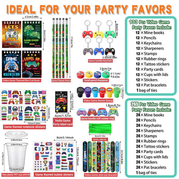 RoundFunny 133 Pcs Video Game Party Favors Gamer Birthday Party Decorations Gamer Cups Notebook Pencils Sharpener Keychain Slap