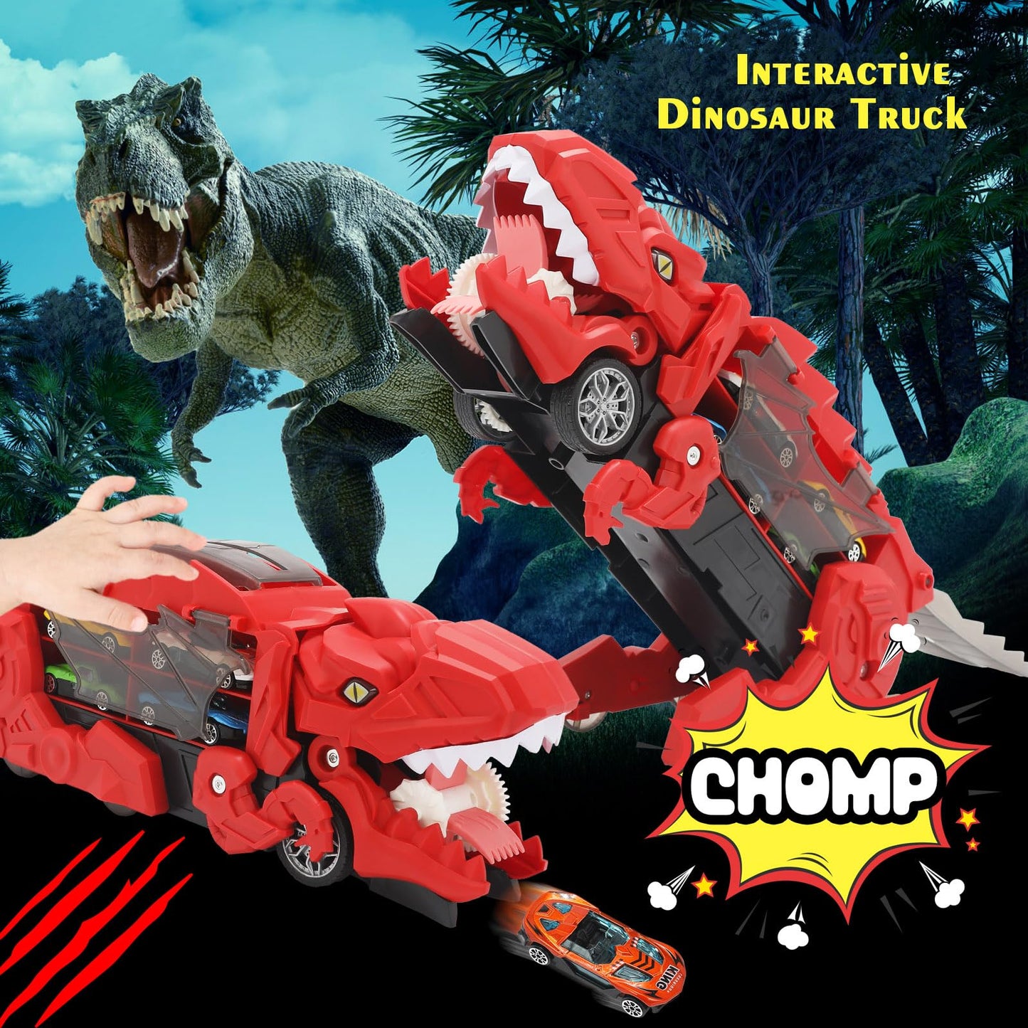 Dinosaur Truck Toy For Boys & Girls Ages 3-7 - Foldable T-Rex Car Transporter With Race Track, Dino Hauler Playset With 8 Die-Ca