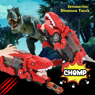 Dinosaur Truck Toy For Boys & Girls Ages 3-7 - Foldable T-Rex Car Transporter With Race Track, Dino Hauler Playset With 8 Die-Ca
