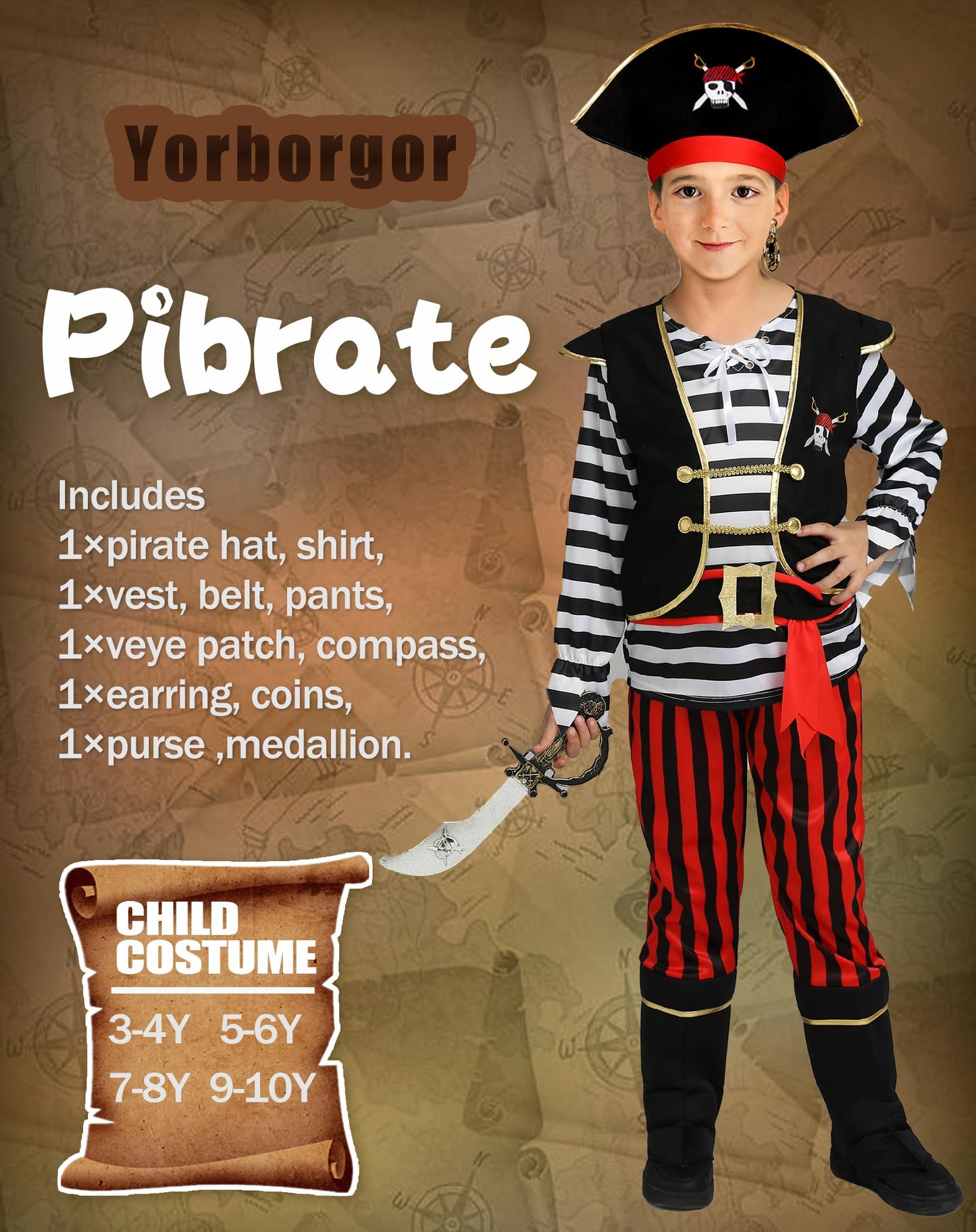 Yorborgor Pirate Costume For Kids Pirate Outfit For Boys Pirate Cosplay Party Dress Up (Stripes, 3-4 Years)