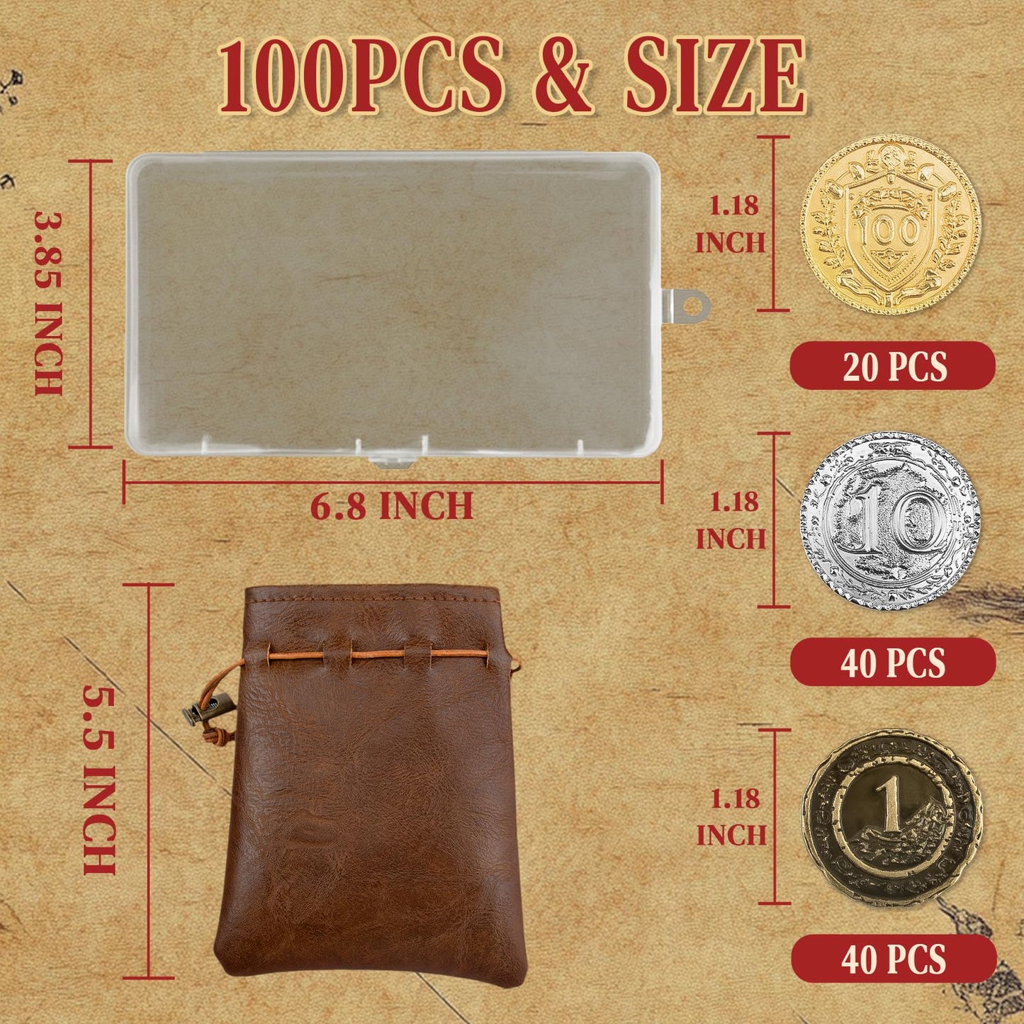 Byhoo 100 Pcs Metal Dnd Coins, 1.2'' Gold Silver Copper Tokens With Face Value For Board Game And Tabletop Rpg, Fantasy Metal Co