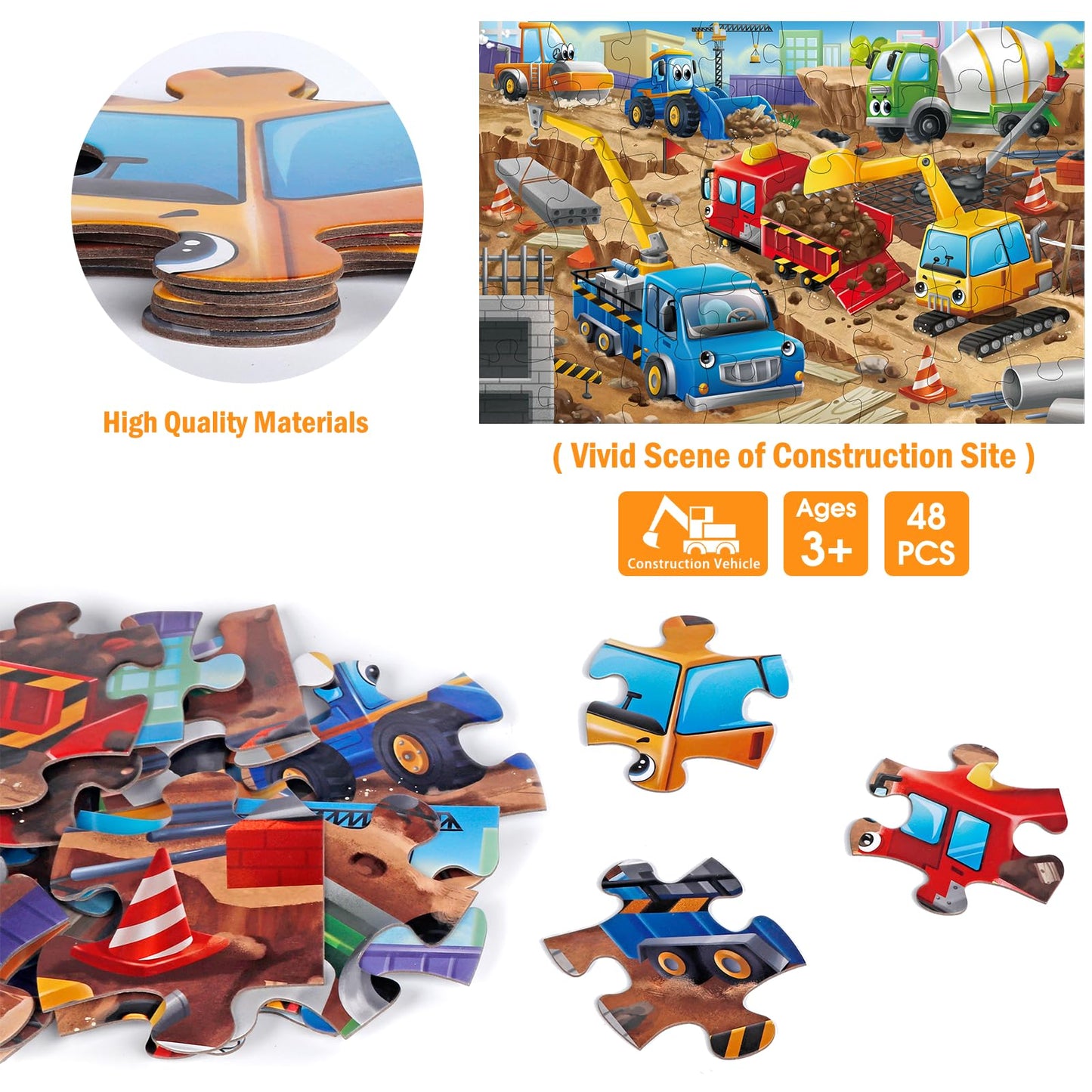 Jumbo Floor Puzzle For Kids,Construction Site Jigsaw Large Puzzles,48 Piece Construction Vehicle Puzzle For Toddler Ages 3-5,Children Learning Preschool Educational Toys,Gift For 4-8 Years Old