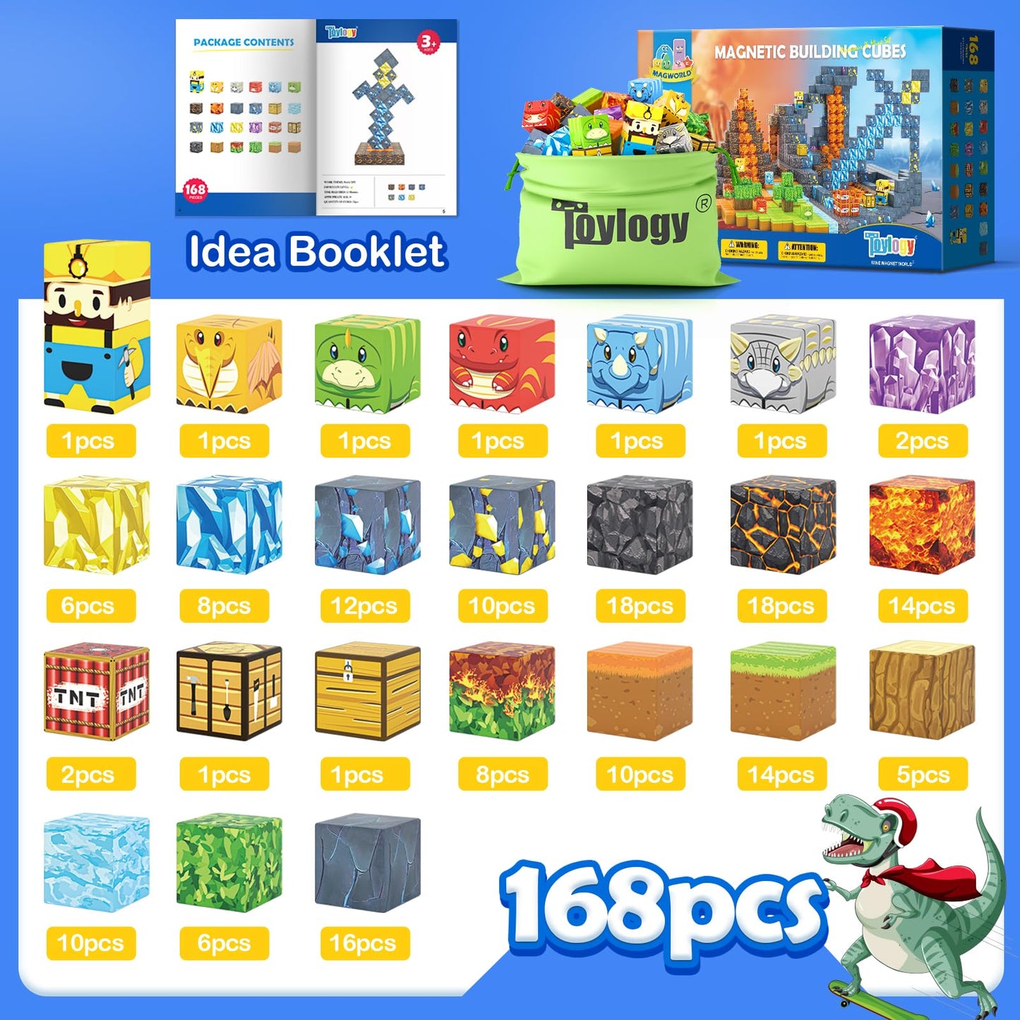 168Pcs Magnetic Blocks-Build Mine Magnet World Dinosaur & Mine Edition, Building Outdoor Sensory Toys For Kids 3-5, Stem Jurassi