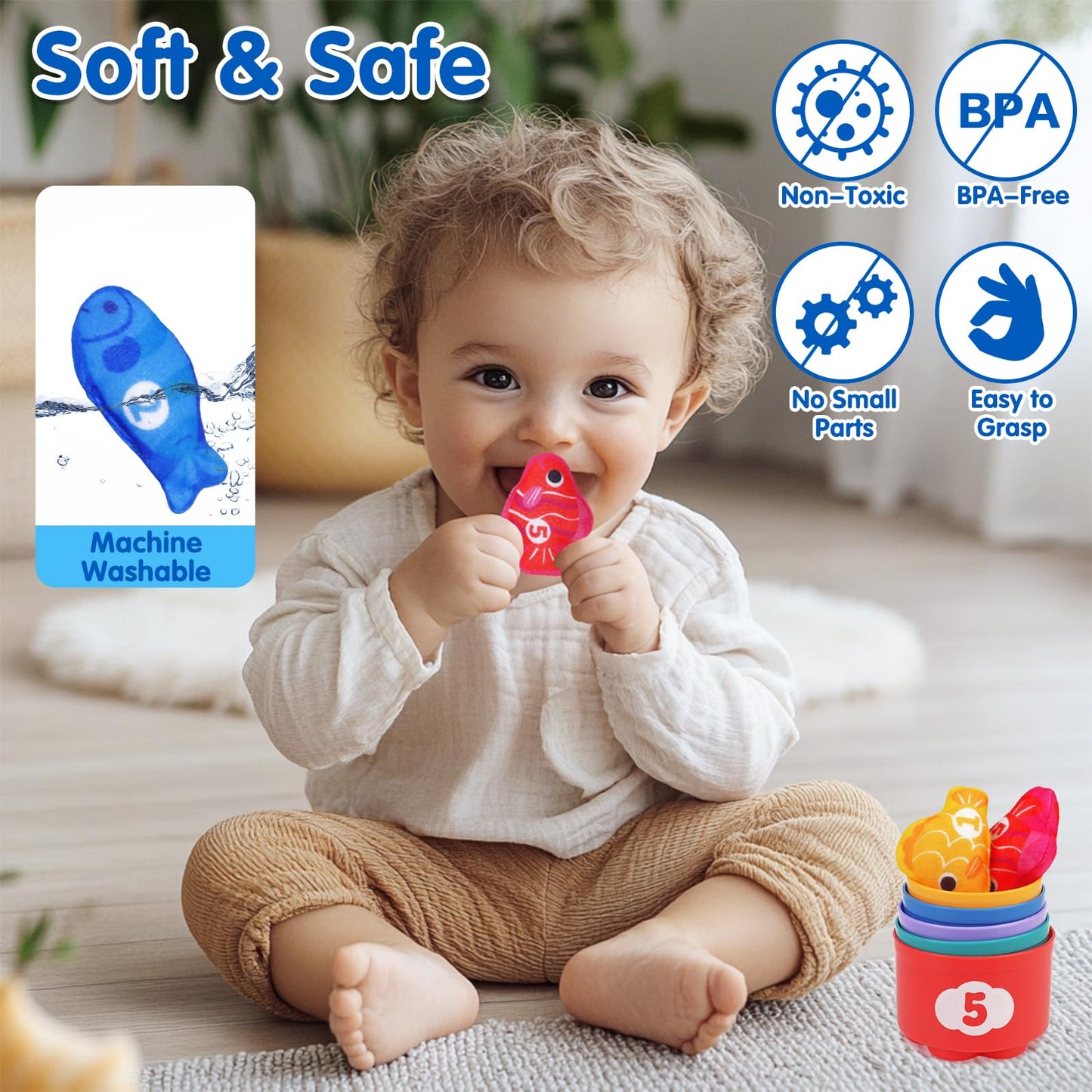 Montessori Toys For 1 Year Old: Cloth Fishing Game Baby Toys 6-12 12-18 Months With Stacking Cups - Sorting Learning Toddler Toy