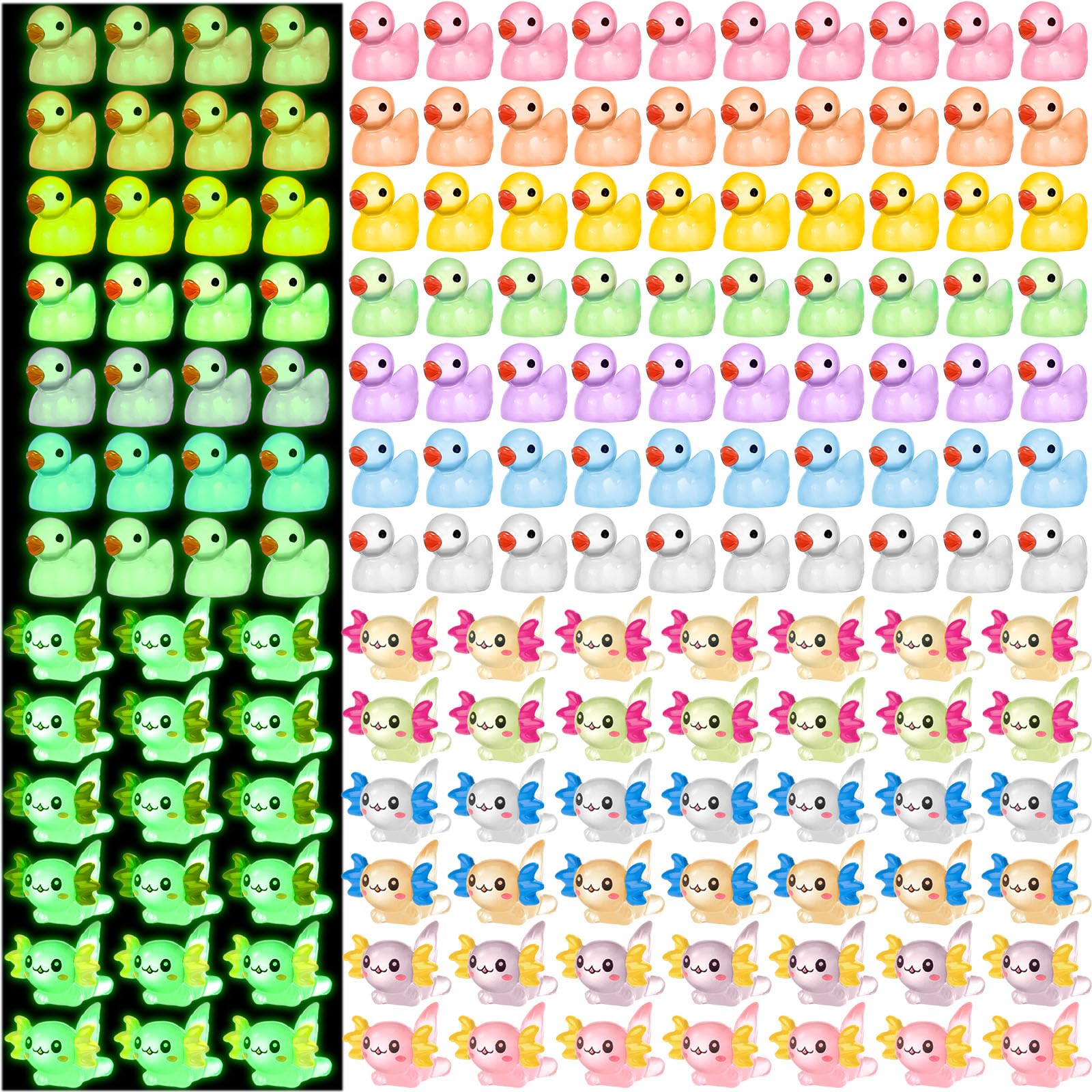 Barydat 100 Pcs Luminous Mini Resin Animals Bulk Glow In The Dark Resin Axolotls Tiny Ducks Miniature Figurines For Hide And See