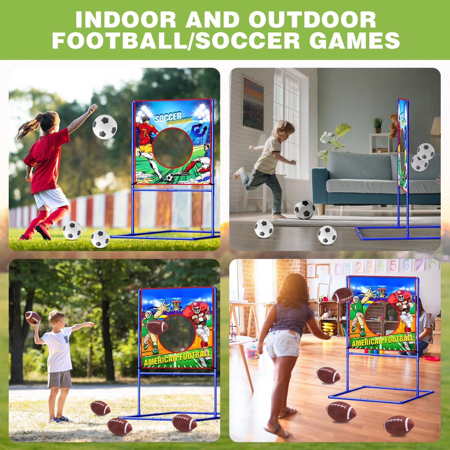 VATOS 2 in 1 Football Toss Target Games and Soccer Toy for Kids  tossing Target Double-Sided Goal with 2 Inflatable Footballs & 2 Soccer Balls  Indoor Outdoor Back to School Activity Toy Gift