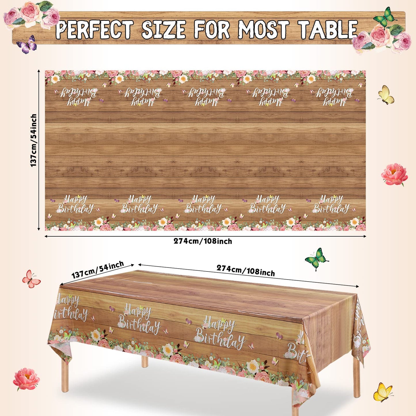 Floral Happy Birthday Tablecloths Cute Butterfly Wood Grain Table Cover Flower Birthday Disposable Tablecover Butterfly Floral P
