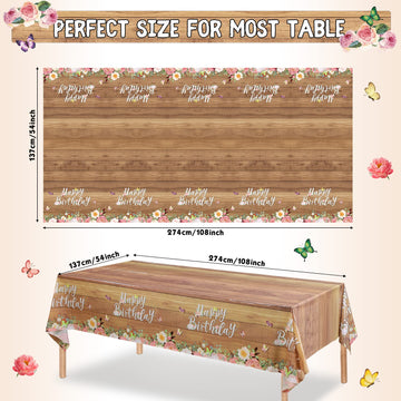 Floral Happy Birthday Tablecloths Cute Butterfly Wood Grain Table Cover Flower Birthday Disposable Tablecover Butterfly Floral P