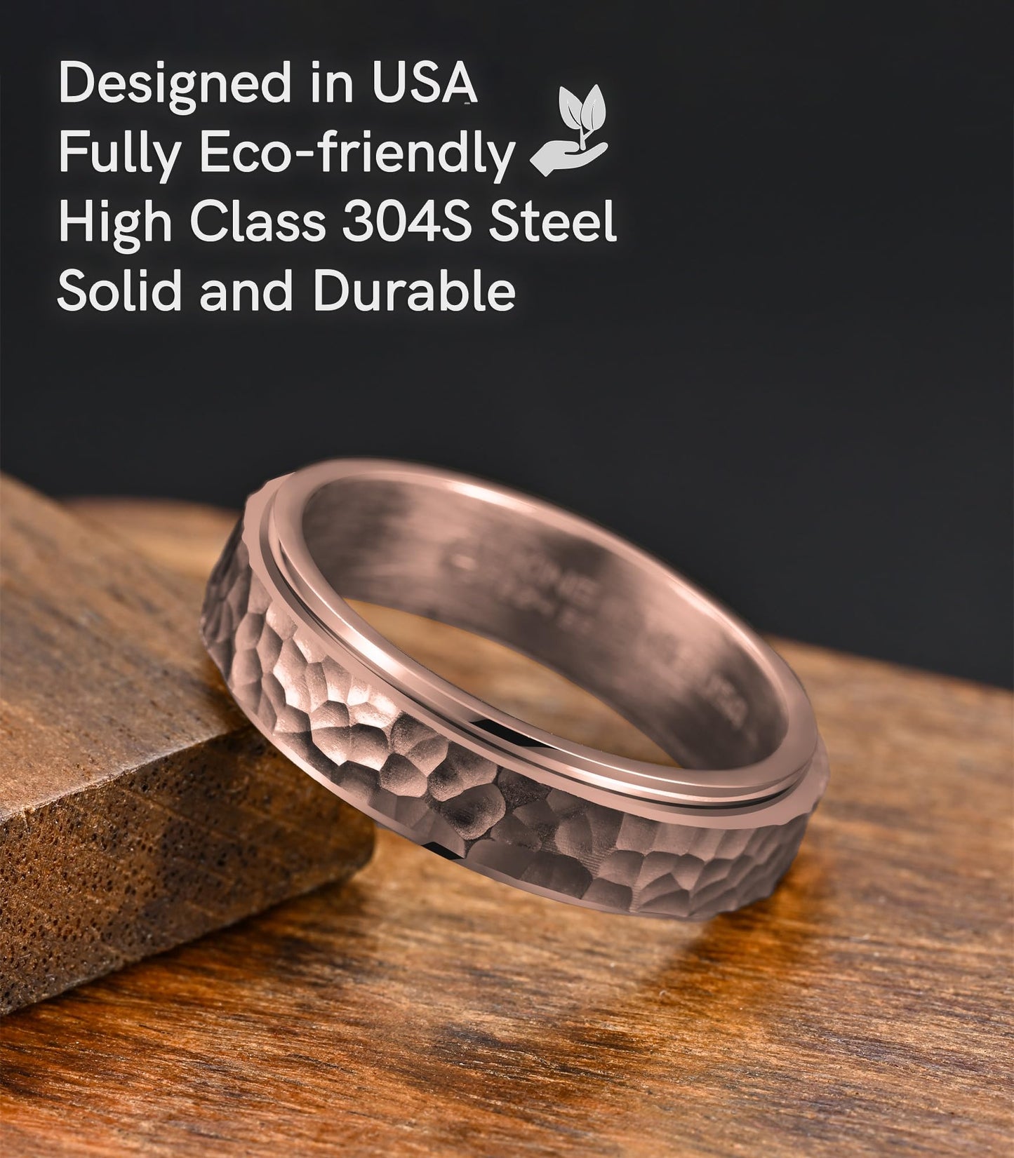 King Ring 6Mm Spinner Hammered Ring - Stress Relief Fidget Ring For Men & Women K39V2 - Rose 09