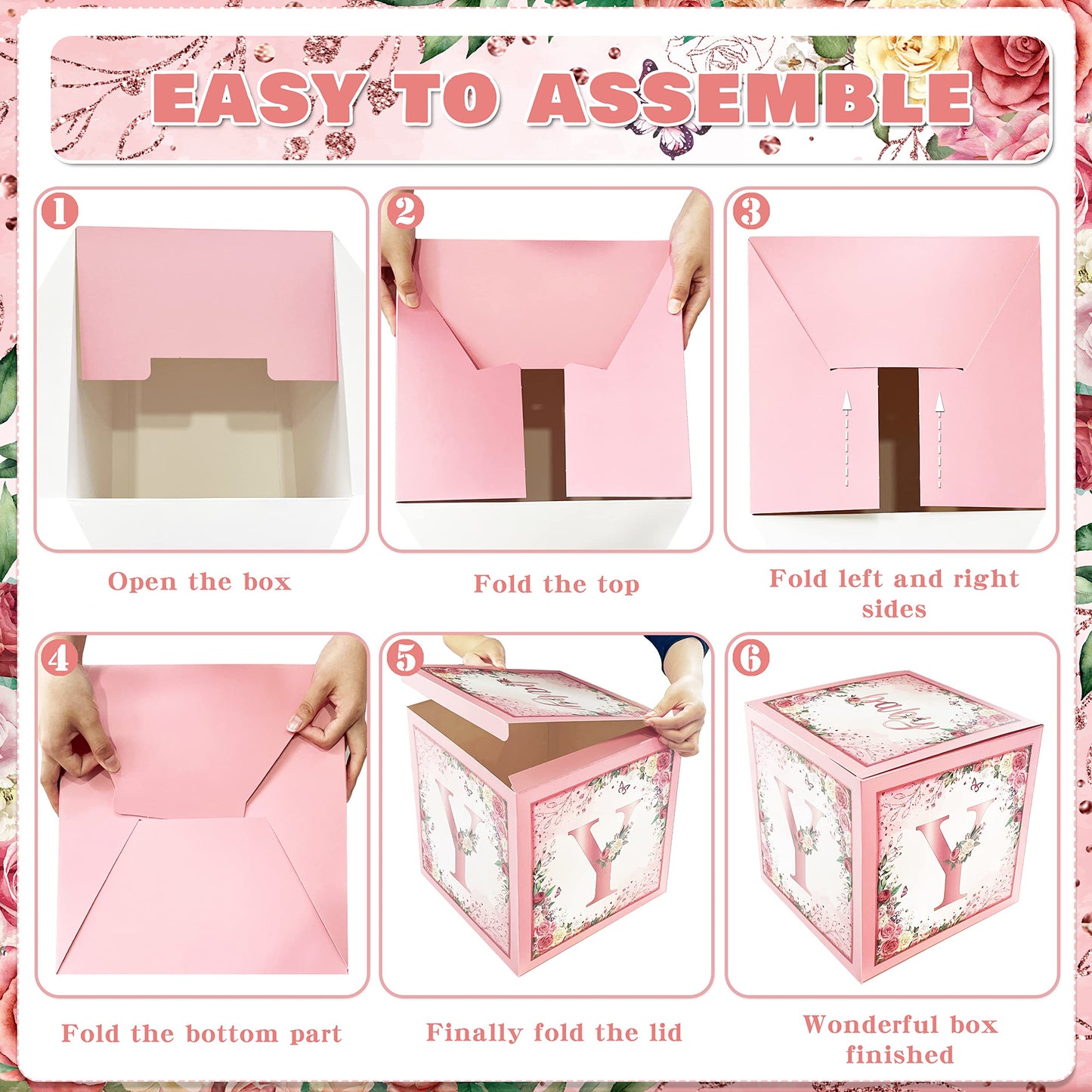 Floral Baby Shower Box Birthday Party Decoration Pink Balloon Blocks First Birthday Centerpiece Decor For Girls Rose Gold Gender