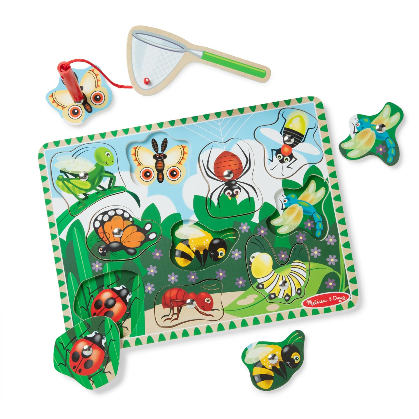 Melissa & Doug Magnetic Wooden Bug-Catching Puzzle Game, 10 pcs, Green, Model 3779, Educational Toy for Kids