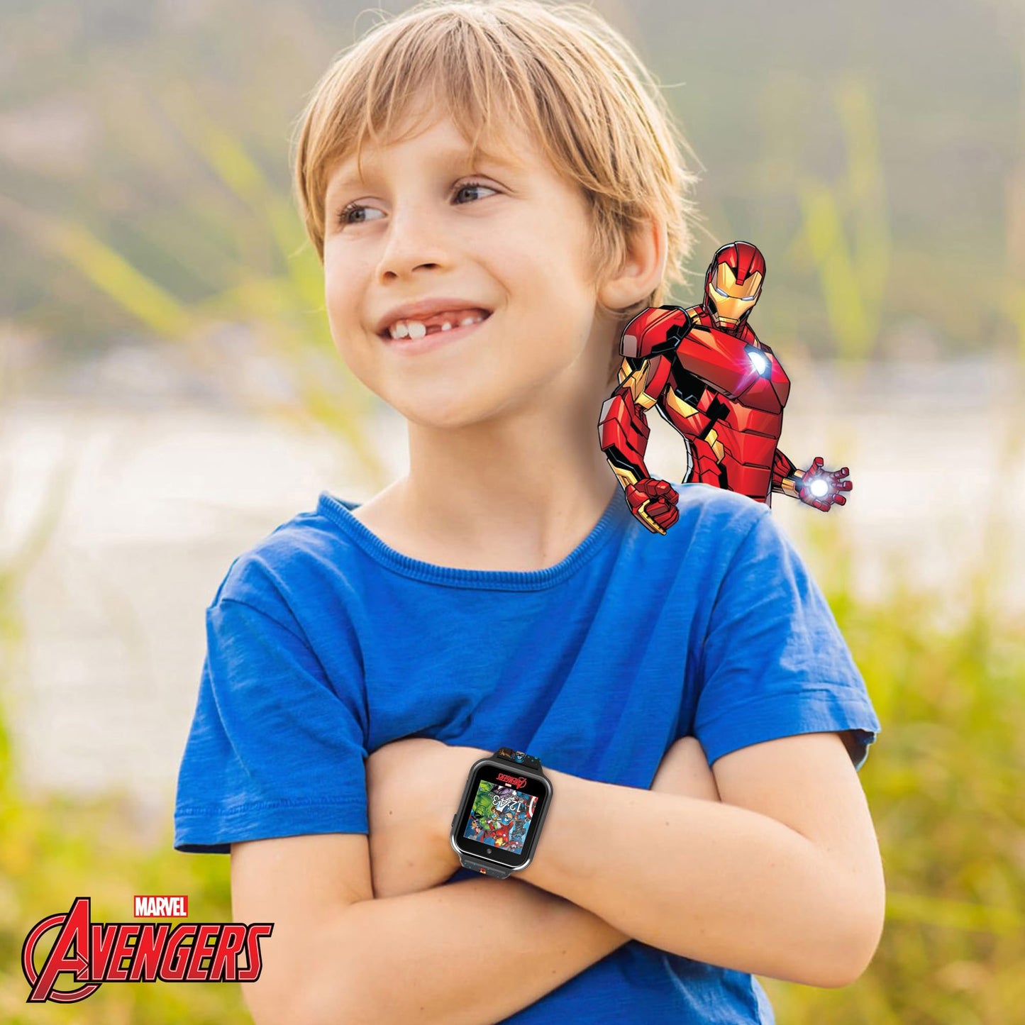 Accutime Kids Marvel Avengers Black Educational Touchscreen Smart Watch Toy For Girls, Boys, Toddlers - Selfie Cam, Learning Games, Alarm, Calculator, Pedometer And More (Model: Avg4597Az)