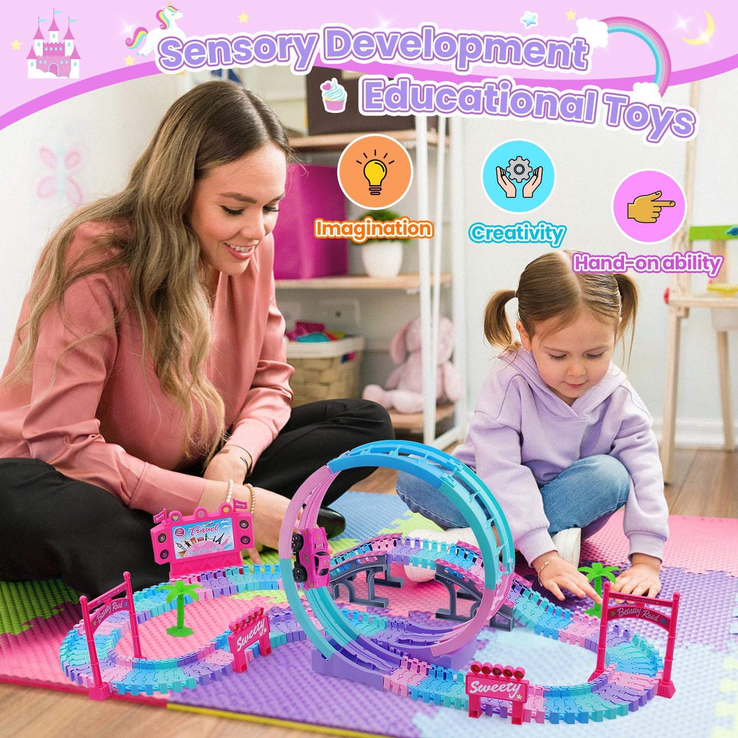 Track Set Magic Toy Car for Kids, 144Pcs Flexible Race Car Tracks with 360 Loop Slope Ramp, Glow in The Dark Car, Construction T
