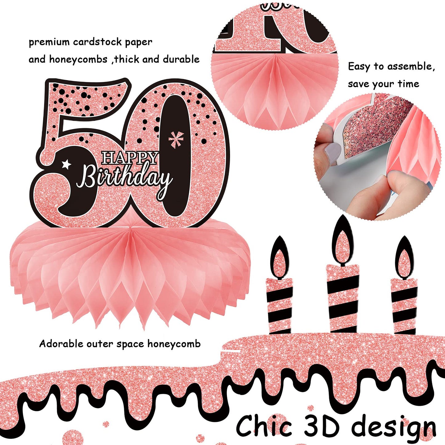 9 Pieces Rose Gold 50th Birthday decorations for Women Pink 50th birthday centerpieces for Table Decorations Cheers to 50 Years