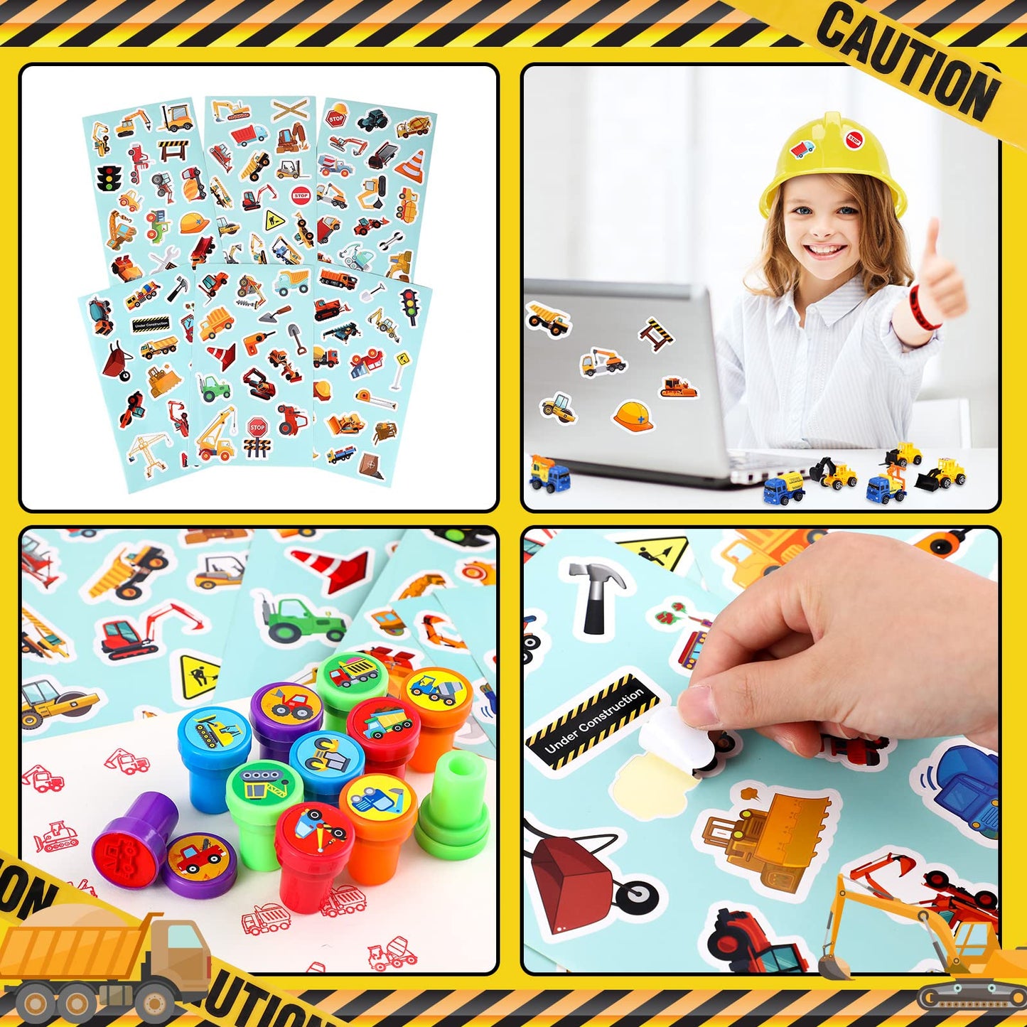 Sratte 148 Pcs Construction Birthday Party Supplies Include 12 Construction Hats, 24 Truck Toys, 12 Vehicle Stickers, 12 Silicon