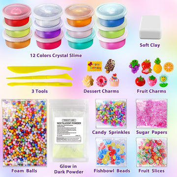 Yopinsand 12 Cups Diy Slime Kit, Slime Making Kit For Girls, Crystal Clear Slime, Glow In The Dark Slime With Add-Ins, Foam Ball