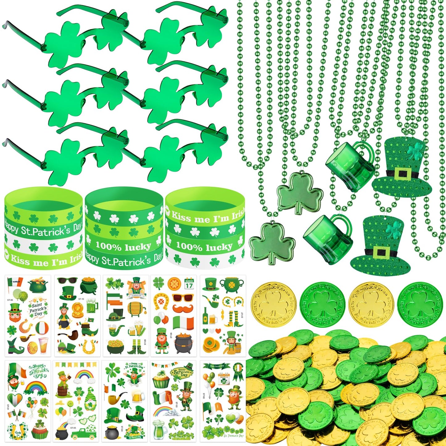 DMIGHT 163Pcs St. Patricks Day Accessories Party Favor Set, Tattoo Stickers, Necklaces, Bracelets, Shamrock Glasses, lucky Coin