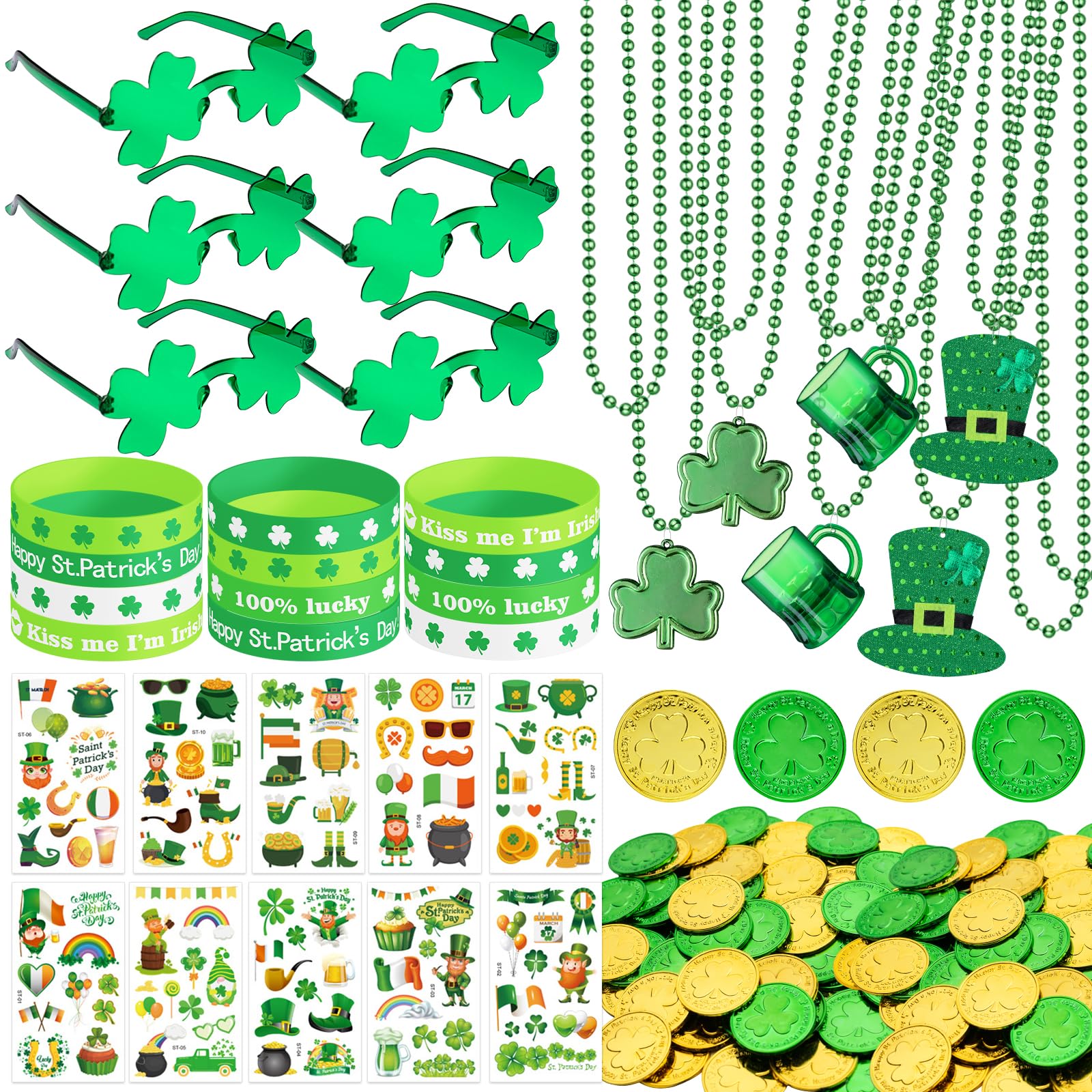 DMIGHT 163Pcs St. Patricks Day Accessories Party Favor Set, Tattoo Stickers, Necklaces, Bracelets, Shamrock Glasses, lucky Coin