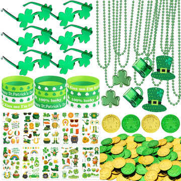 DMIGHT 163Pcs St. Patricks Day Accessories Party Favor Set, Tattoo Stickers, Necklaces, Bracelets, Shamrock Glasses, lucky Coin