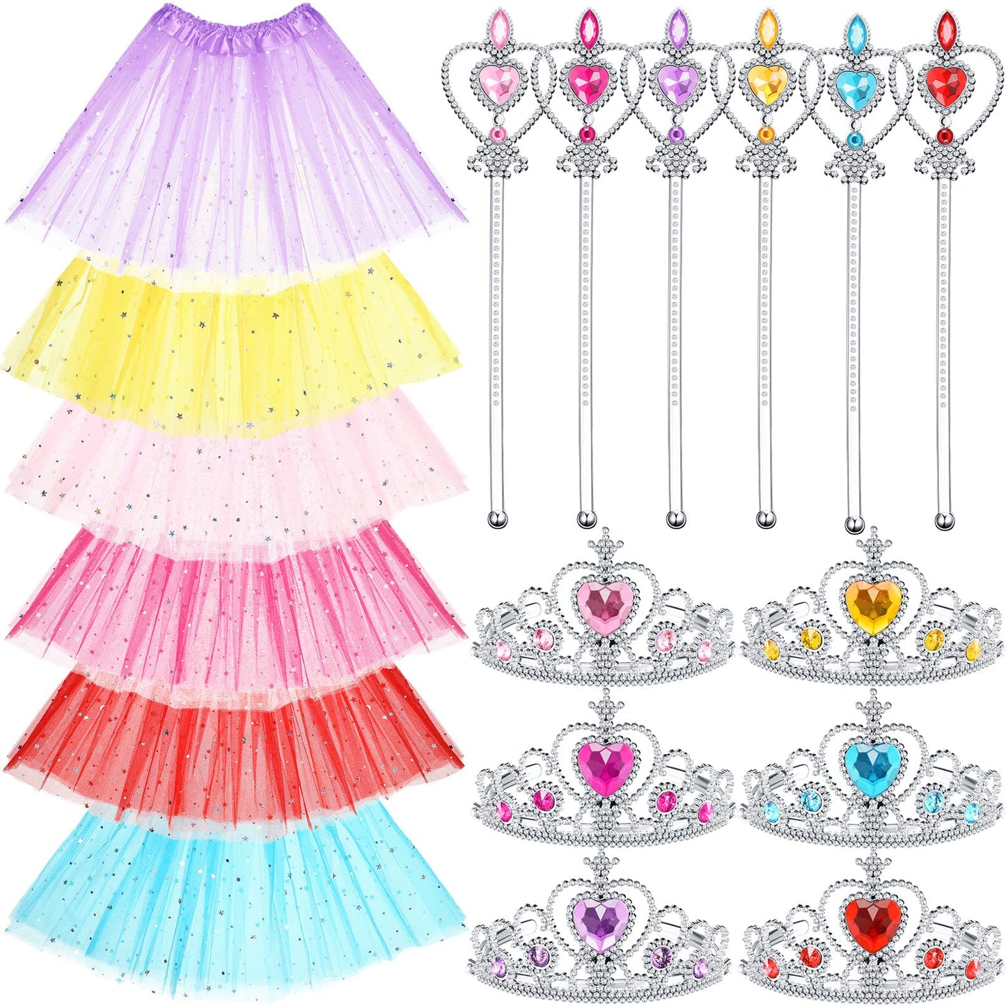 JaGely 18 Pcs Princess Dress up Tutu Crown Magic Wand Accessories Tiara Ballet Tutu Skirt for 3-8 Years Old Girls Costume Party 