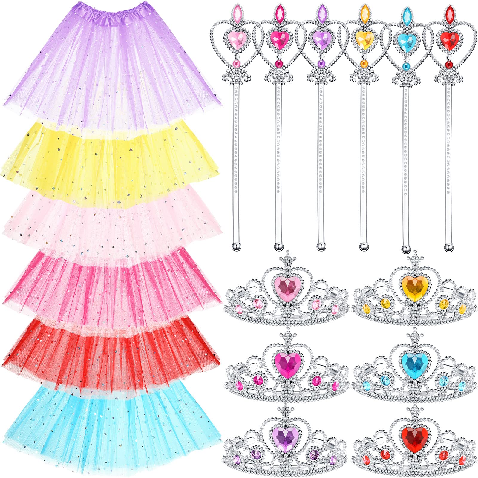 JaGely 18 Pcs Princess Dress up Tutu Crown Magic Wand Accessories Tiara Ballet Tutu Skirt for 3-8 Years Old Girls Costume Party 