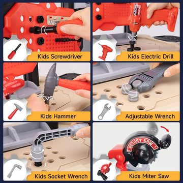 Kids Tool Bench, Kids Tool Set 138 Pieces with Realistic Tools, Electric Drill and Kids Tool Stickers, Toddler Workbench Pretend