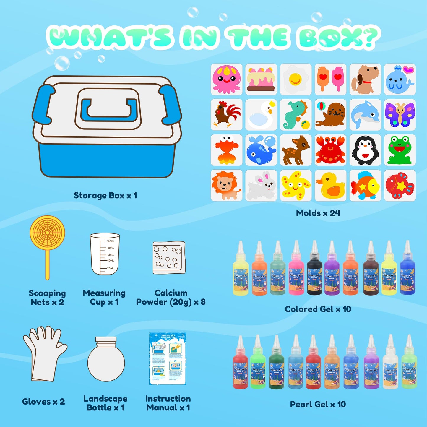 Magic Water Elf Toy Kit, Waters Pets, Aqua Fairy Water Gel Kit with 20 Magic Gels & 24 Shape Molds, DIY Squishy Maker, Summer Ac