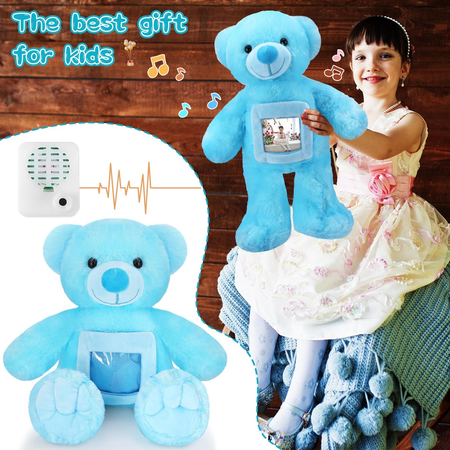 Leyndo Bear With Voice Recording Remembrance Stuffed Animal With Picture Recordable Messages Memorial Toy For Baby Shower Birthday Gift, Recording Gifts(14 Inch,Blue)