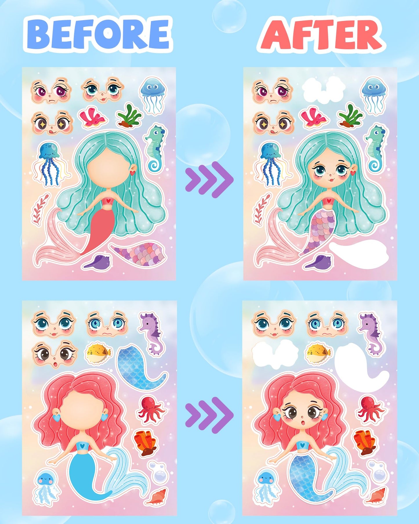 24 Pcs Make Your Own Mermaid Sticker Sheets For Kids With Mermaid Face Stickers For Kids Toddlers Girls Crafts Activities Gift B