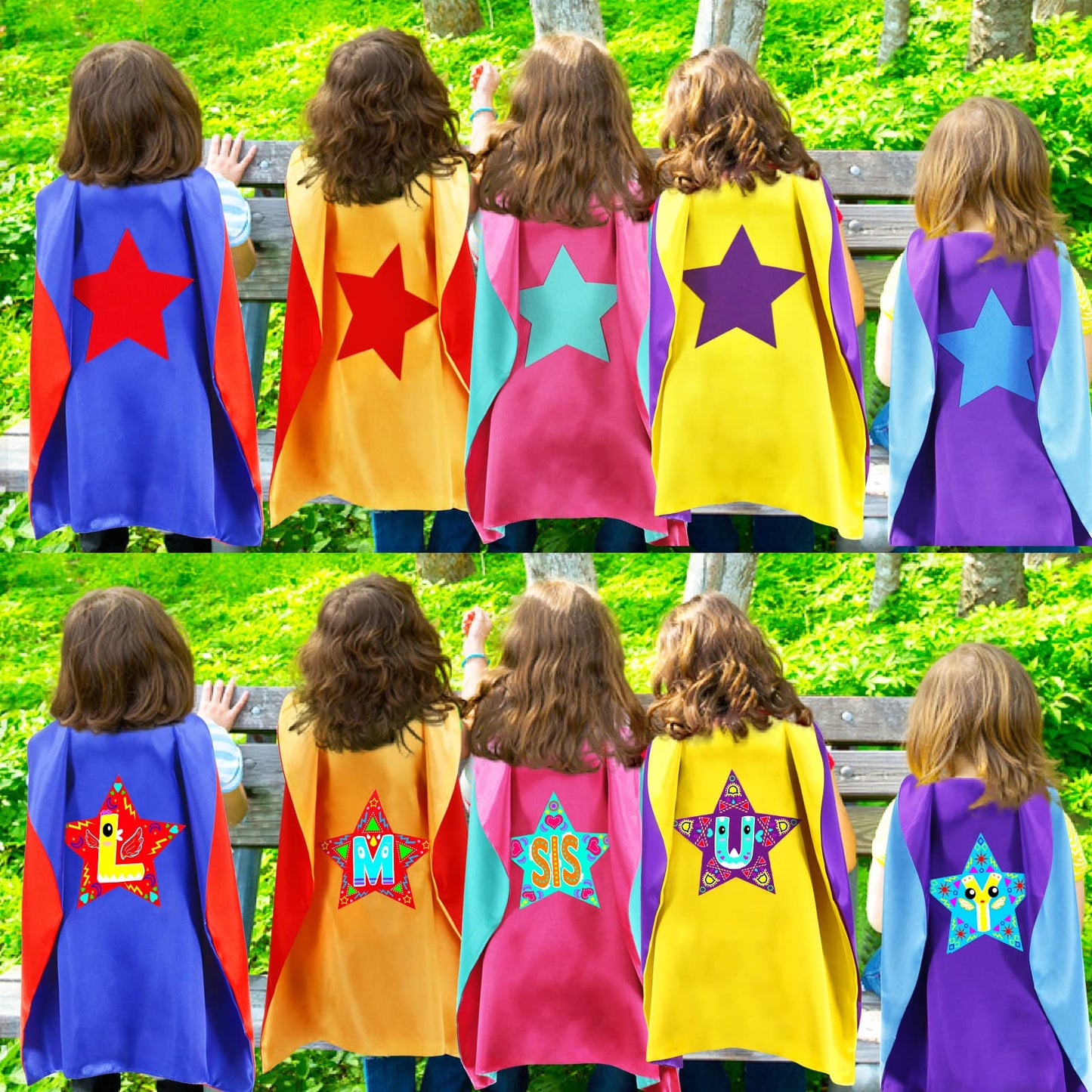 Irolewin Superhero Boys-Girls-Cape And Mask For Kids Super Hero Dress Up Costume Halloween Party Favors Double-Sided (Blue Red Yellow)