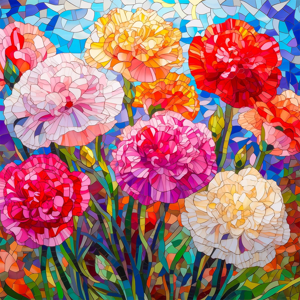 Bgraamiens Puzzle-Carnation-1000 Pieces Stained Glass Puzzle For Adults, Stained Glass Flowers Art Puzzle With Blooming Carnations, Impossible Puzzle Color Challenge Puzzle For Adults