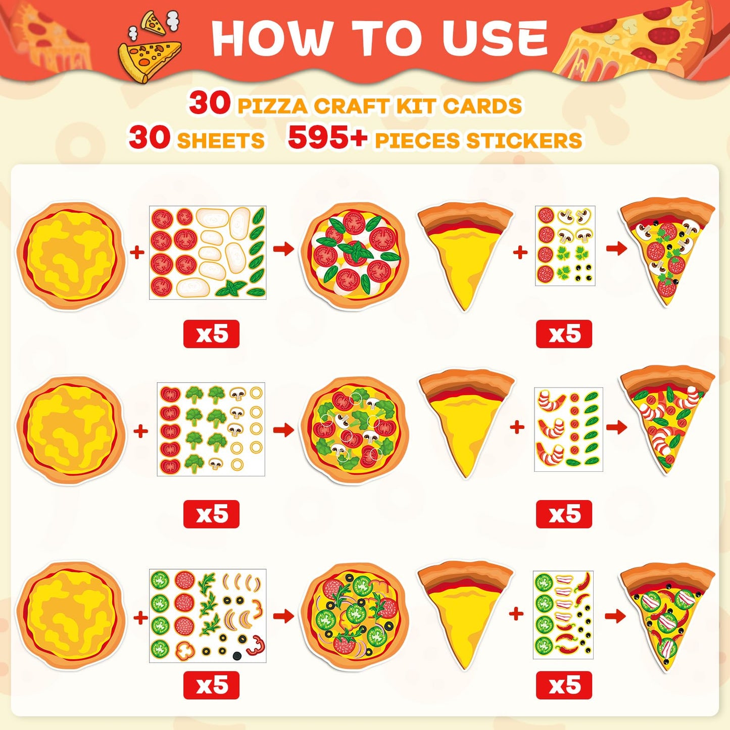 Qyeahkj 30 Pcs Pizza Craft Kits for Kids Make A Pizza Stickers Paper Card Make Your Own Pizza DIY Gifts Activity Hanging Decals