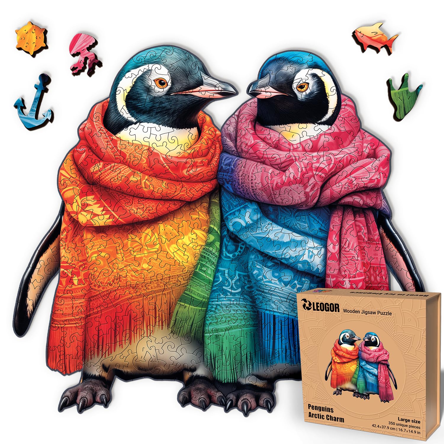 Penguins Arctic Charm - 350 Piece Wooden Puzzles for mature-themeds - 16.7 x 14.9 in - Extra-Thick 5 mm Wood Puzzle  Hand-Shaped Pieces  Marine Life Mosaic Design - enhanced Gift for Puzzle Lovers by LEOGOR
