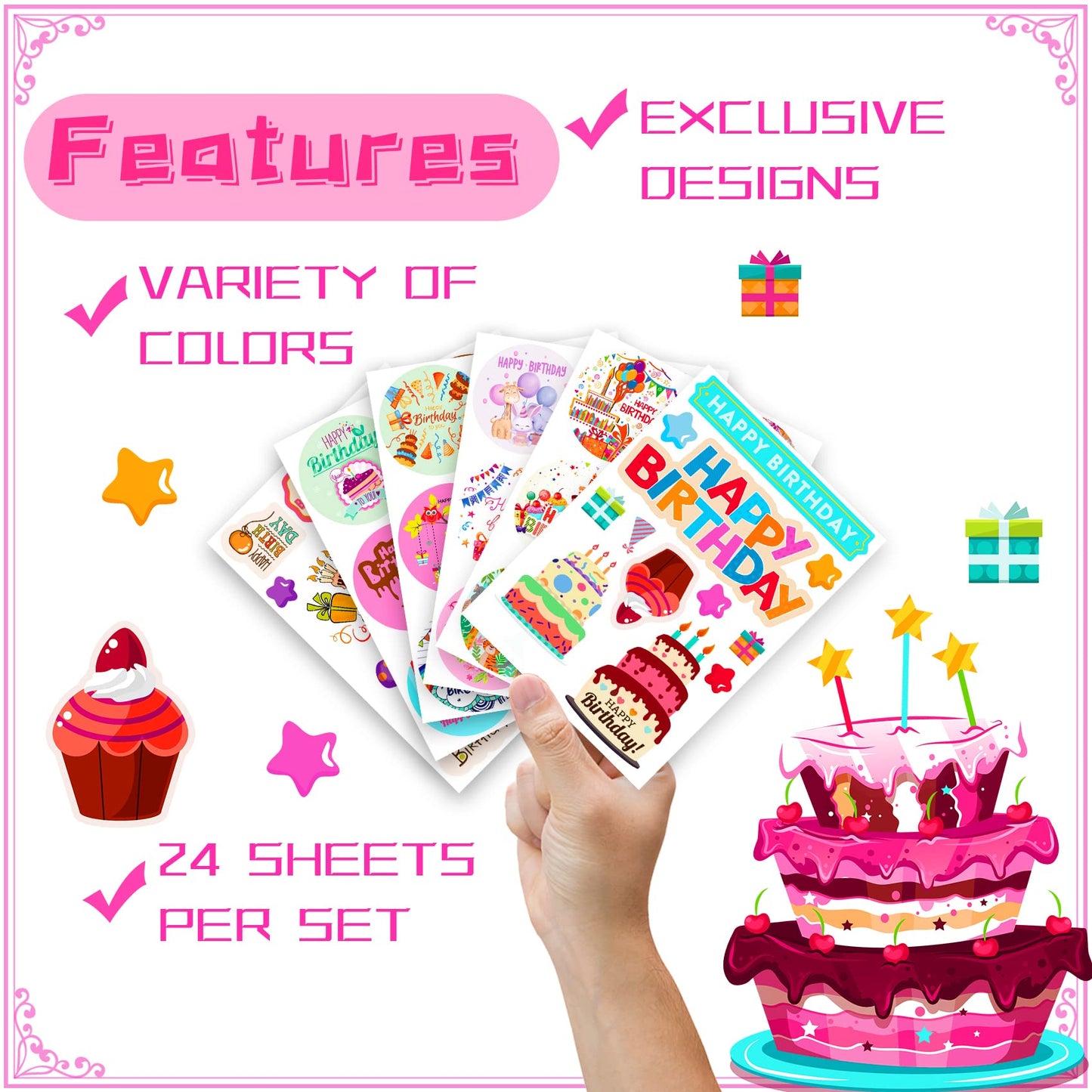 Large Birthday Stickers 24 Sheets Happy Birthday Stickers For Kids Classroom Envelopes Cake Stickers School Birthday Party Favors Suppies