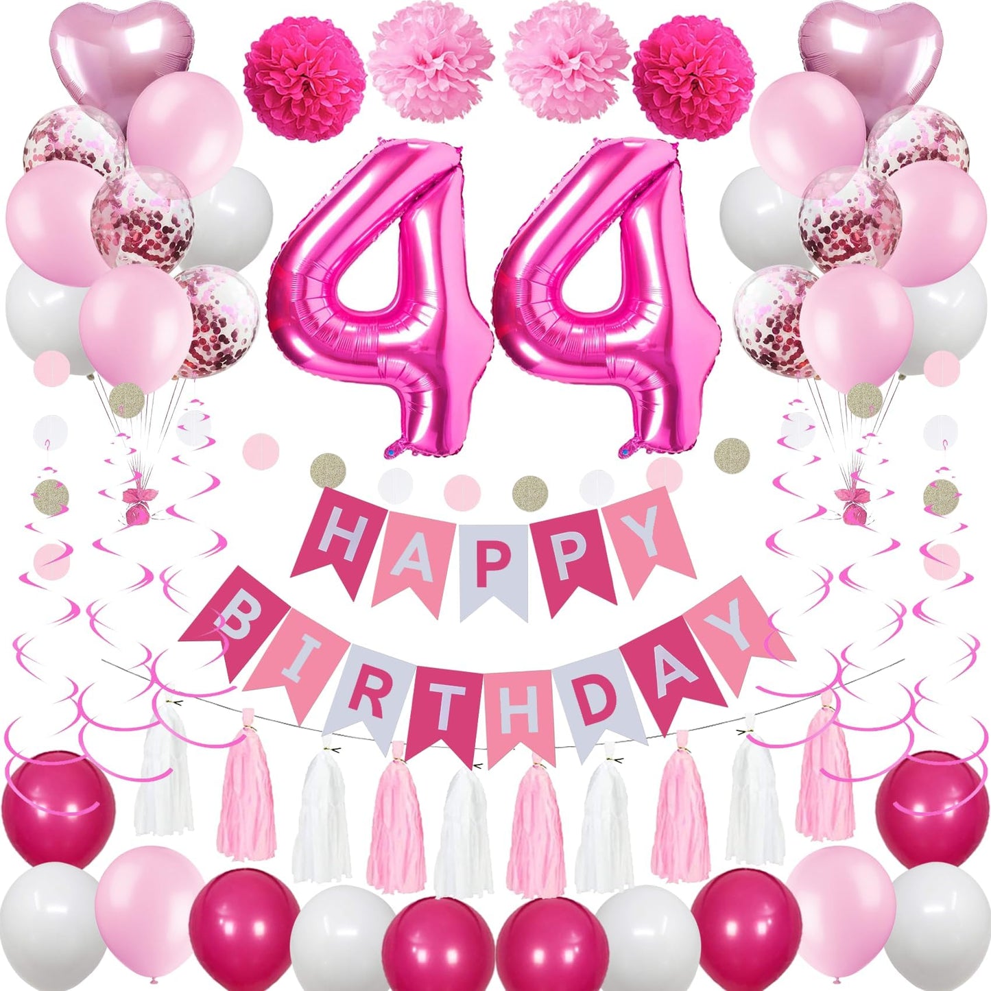 Sweet 44Th Birthday Decorations For Women, Pink And White 44 Happy Birthday Balloons,44Th Birthday Party Supplies Including Pink