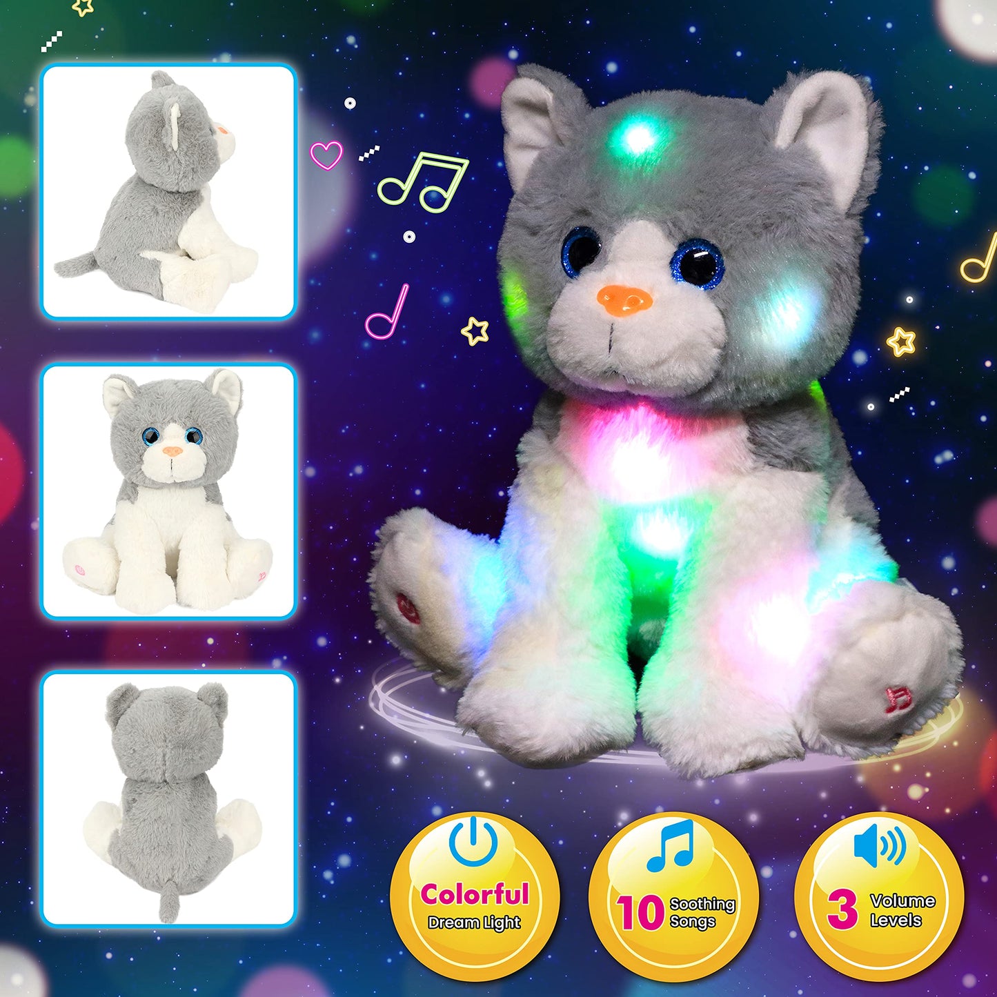 Cuteoy Kitty Led Musical Stuffed Animal Light-Up Singing Plush Cat Adjustable Volume Lullaby Plushies Birthday Christmas Toy Gifts For Kids Toddler Girls, 10.5'