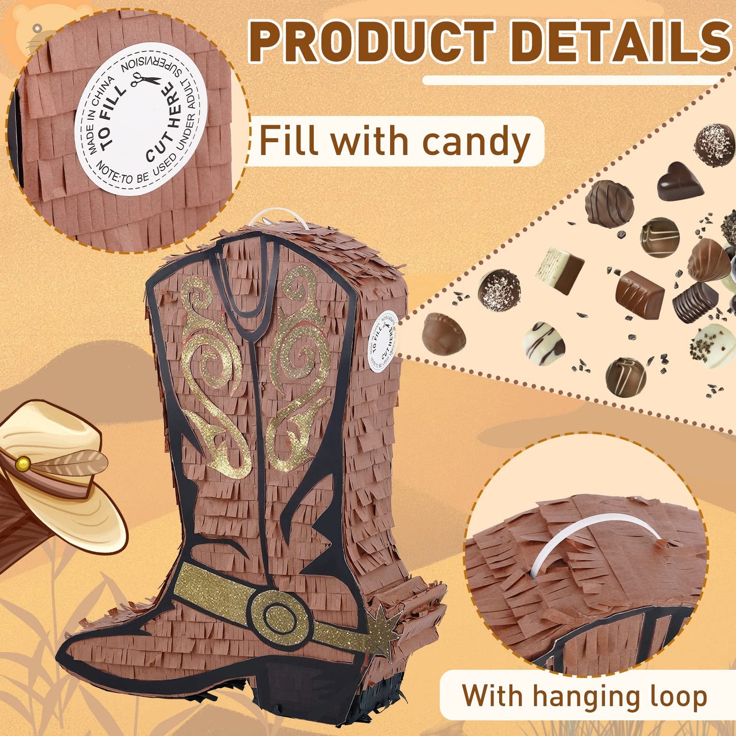 Deekin Cowboy Boot Piñata Set - 3 Pcs, Brown Paper, Includes Stick & Eye Mask for Kids Birthday Party & Bridal Shower Decorations