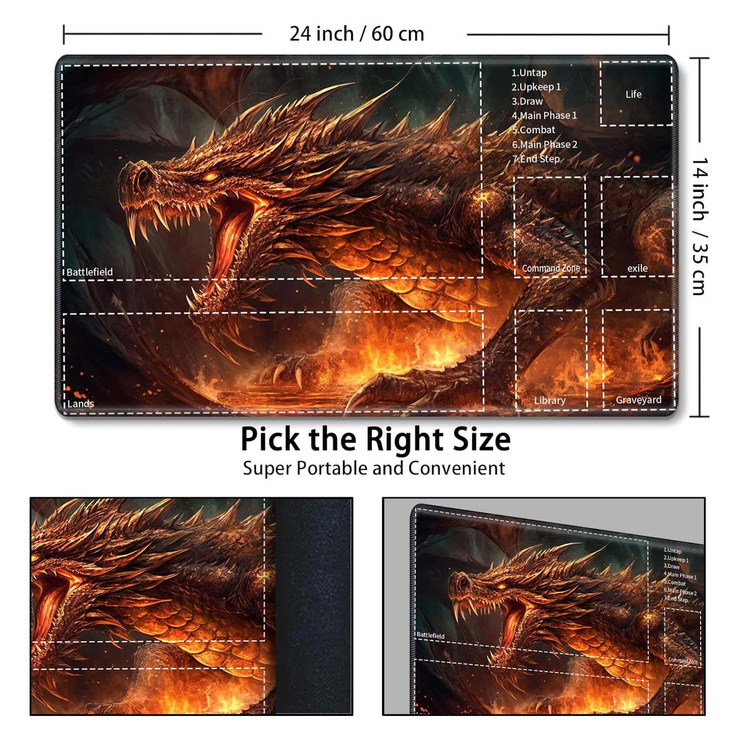 for MTG Card Playmat with Zone Game Play Mat for MTG TCG 24 x 14 inches Non-Slip Play Mat for Commander Board RPG CCG Game TCG Other Card Games/Mouse Pad-Angry Firedragon