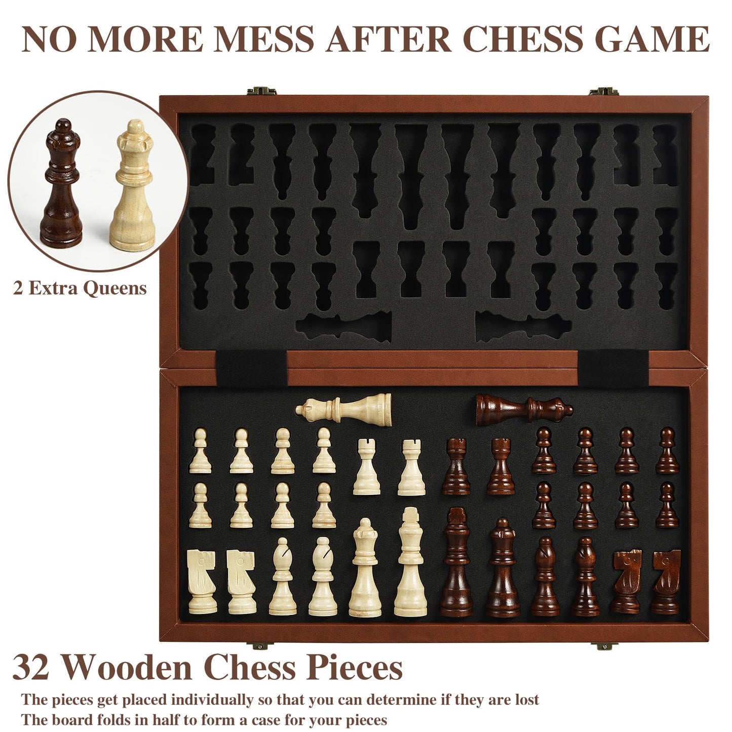 OUMODA Magnetic Chess Set for mature-themed Kid  15.4 Leather Chess Board with Handmade Chess Piece Including 2 Extra Queens and Storage Slot  Folding Portable Travel Chess Game for Beginner and Professional
