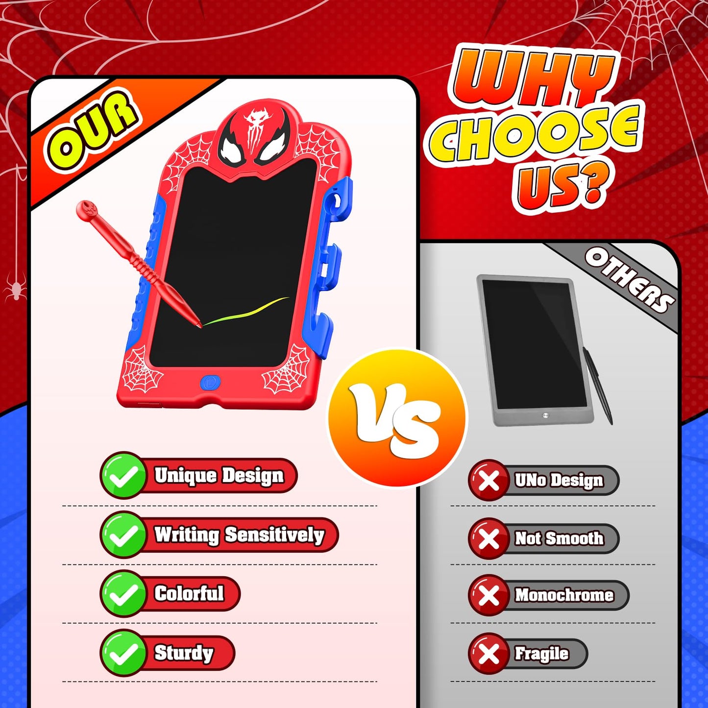 LCD Writing Tablet for Kids: Spidolapse Colorful Doodle Board & Drawing Pad Toys for 3 4 5 6 7 8 Year Old Boys Girls Toddler Eas