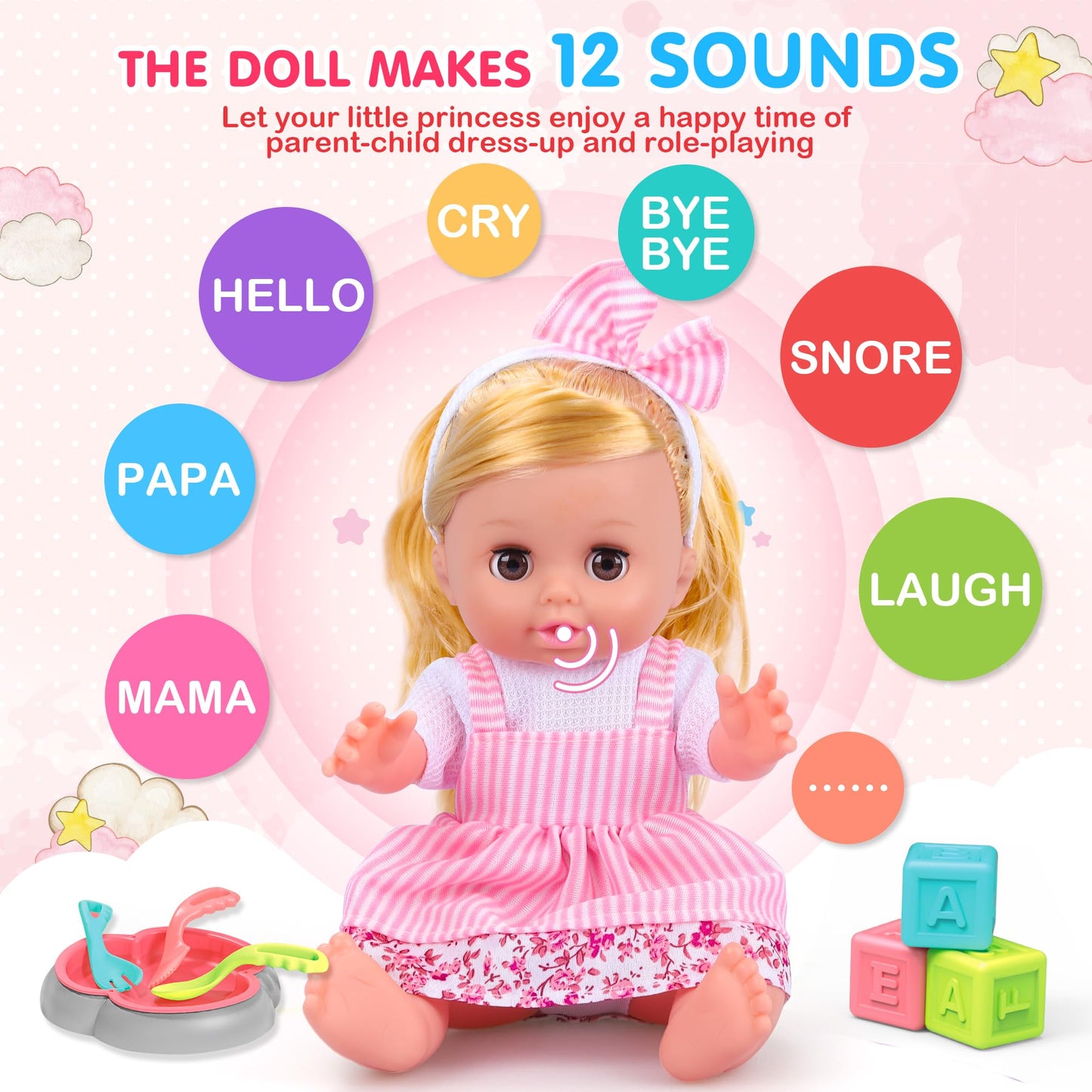 Baby Care Doll Toys Set, 36Pcs Doll Playset, Hair Salon Pretend Play Toddler Doll Toys Incl 14'' Baby Doll Toy, Backpack, Hair Dryer, Hair Curler, Xmas Gifts For Age 3 4 5 6+ Years Old Girls Kids