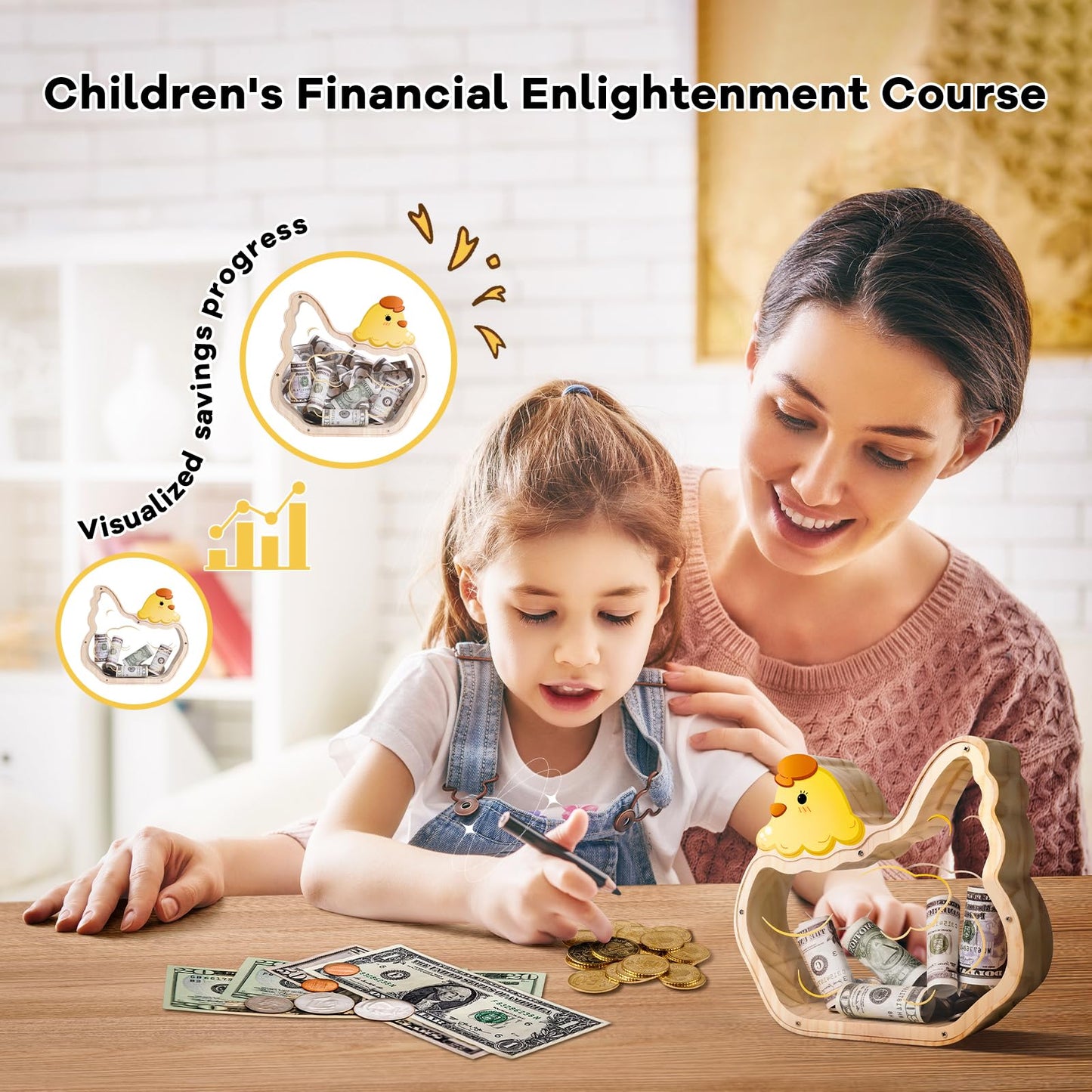 Wooden Chicken Piggy Banks For Kids, Unbreakable Pullet Coin Chicken Bank For Kids With Letter Sticker, Wooden Cashbox Money Jar