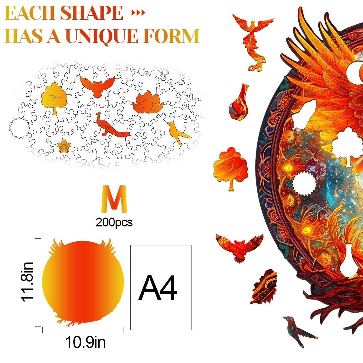 KAAYEE Wooden Jigsaw Puzzle - Advanced Phoenix Design, 290pcs, Large 14.9x13.8in, Perfect Christmas Gift for Adults and Families