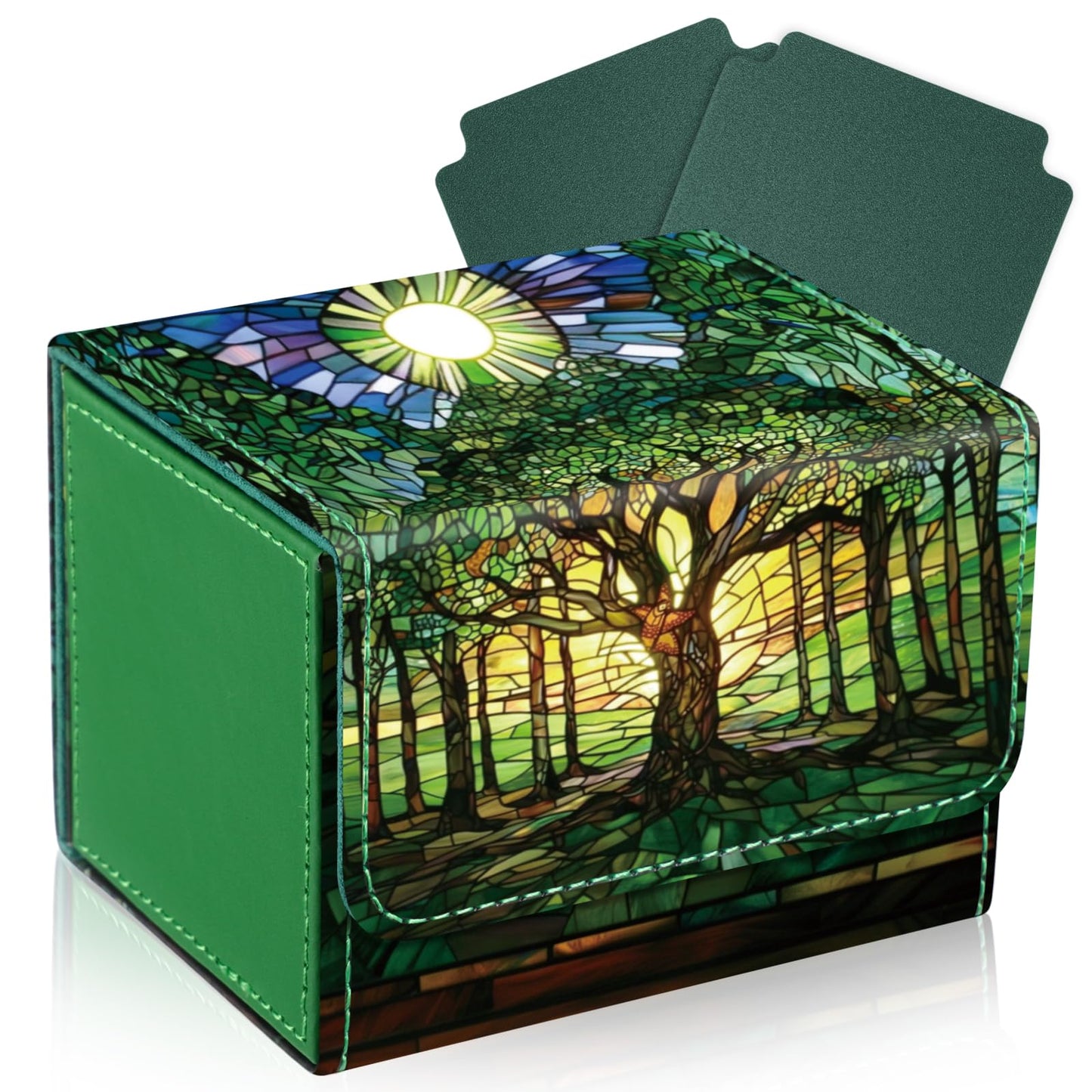 Wonderjune Pu Leather Card Deck Storage Box For Strong Magnet Storage Card Box With 2 Dividers For Tcg Ccg(Green,Tree)