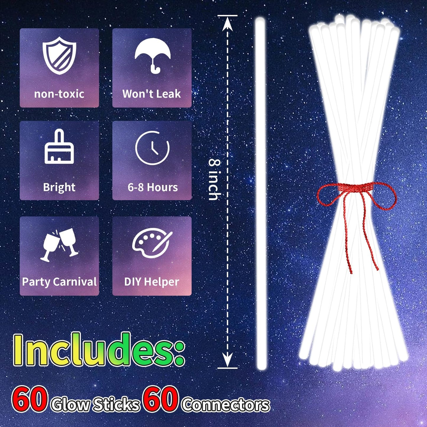 Taikula 60 Pack 8    White Glow Sticks Bulk with 60 Connectors Neon Glow In The Dark Party favors Supplies for Holiday Birthday